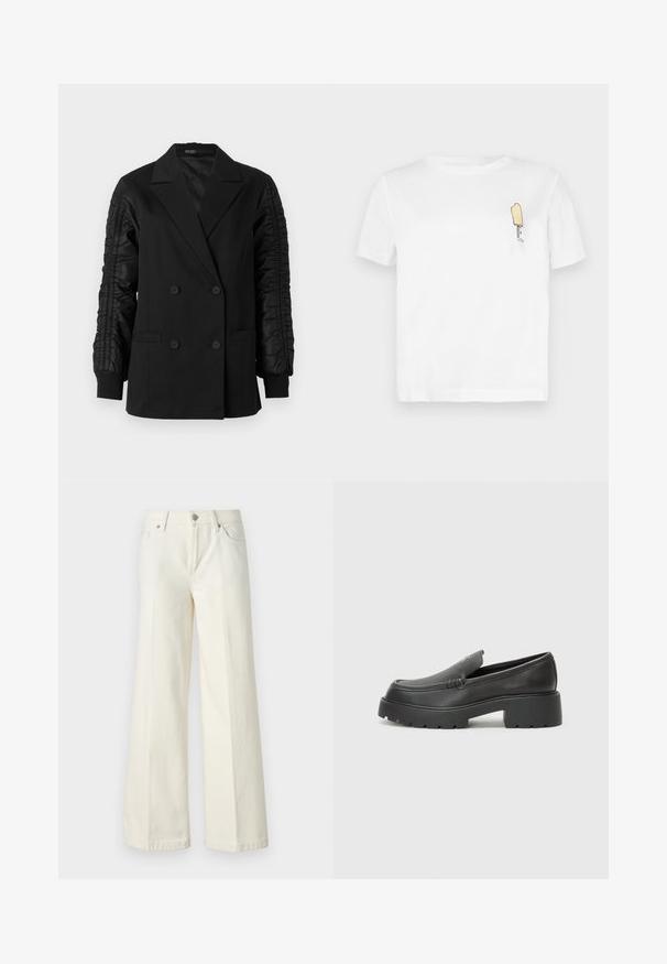Black double-breasted blazer with ruched satin sleeves and buttoned cuffs, featuring notch lapels and front welt pockets.; White cotton t-shirt with short sleeves featuring a minimalist, embroidered yellow popsicle graphic on the left chest area.; Wide-leg white jeans made from cotton blend fabric. Features a zipper fly, five-pocket design, and stitching along the seams.; Black leather loafers with a rounded toe, thick textured sole, and minimal stitching details. Sleek design with no visible laces or hardware.