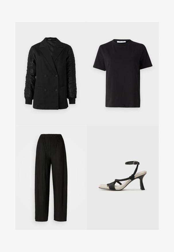 Black double-breasted blazer with ruched satin sleeves and buttoned cuffs, featuring notch lapels and front welt pockets.; Black short-sleeve t-shirt made of soft cotton, featuring a round neckline, relaxed fit, and a smooth texture. No visible patterns or graphics.; Black pleated wide-leg pants with an elastic waistband. The fabric features vertical pleats and a smooth texture.; Black heeled sandal with braided strap design, square toe, and adjustable ankle strap. Light beige footbed with a glossy black heel.