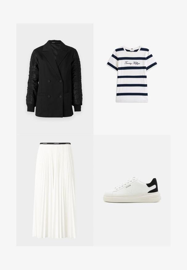 Juodas dvigubos eilės švarkas su surauktomis atlasinėmis rankovėmis ir užsegamomis apykaklėmis, turintis notch tipo apykaklę ir priekines kišenes.; Baltos medvilninės marškinėliai su horizontaliomis tamsiai mėlynomis juostelėmis. Ant krūtinės išsiuvinėtas „Tommy Hilfiger“ rašmuo. Apvalus iškirpimas.; Pleated balta sijonas su juodu elastiniu juosmeniu, ant kurio yra "LACOSTE" logotipas. Vidutinio ilgio dizainas su švelnia tekstūra.; Baltos odinės sportbačiai su storu baltu padu, juodu nubuko kulno akcentu ir iškilmingu logotipu šone. Su raišteliais, turinčiais šešis akinius.