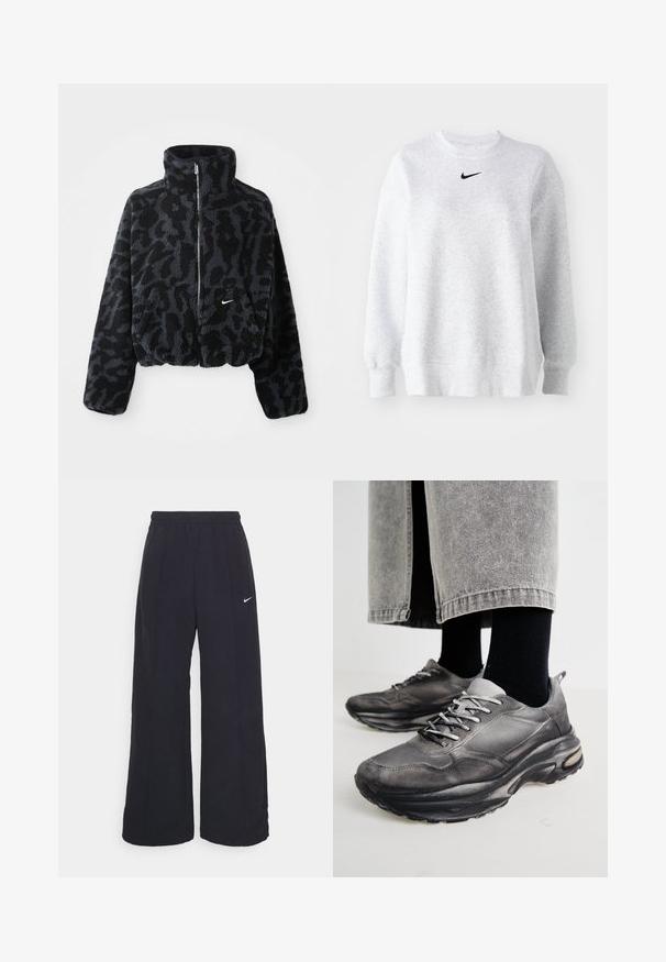 Kratka črna in siva umetna krznena jakna z visokim ovratnikom, zadrgo spredaj in subtilnim leopardskim vzorcem. Ima majhen bel logo na prsih.; Siv sweatshirt iz mehke tkanine z okroglo ovratnikom, spušenimi rameni, rebrastimi manšetami in majhnim črnim Nike logotipom na prsih.; Črne široke hlače s elastiko v pasu in malim belim logotipom Nike. Tkanina ima gladko teksturo, zasnovano za udobje in sproščeno nošenje.; Črne in sive športne čevlje imajo mrežast zgornji del, debele podplate in vezalke. Imajo zaobljen nos in opazne podrobnosti oblazinjenja.