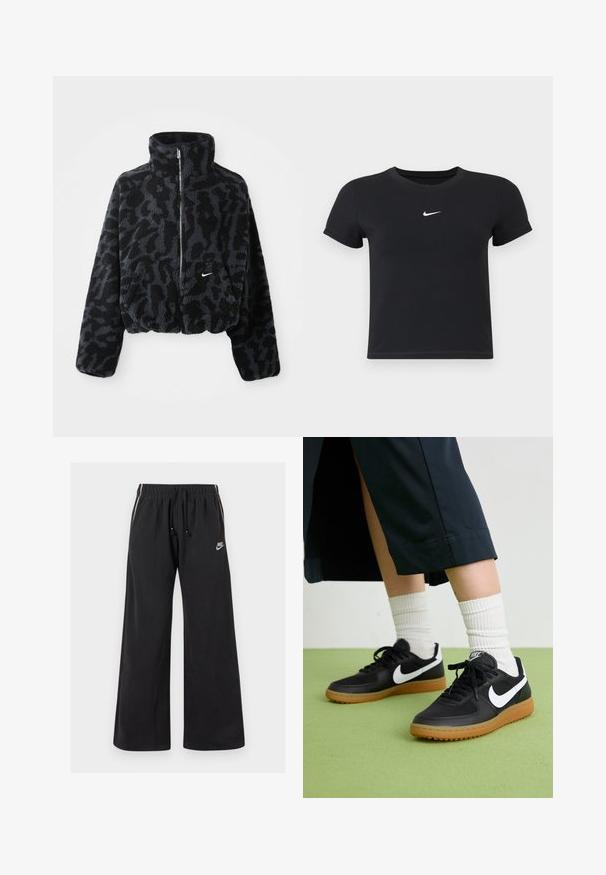 Cropped black and gray faux fur jacket with a high collar, zip front, and subtle leopard pattern. Features a small white logo on the chest.; Black short-sleeve t-shirt made of cotton with a round neckline. Features a white Nike logo on the chest, minimalistic design, and fitted shape.; Black sweatpants made of soft fabric, featuring an elastic waistband with a drawstring, side stripes, and a small logo on the front left.; Black leather and synthetic sneakers with white Nike swoosh, rubber gum sole, round toe, and black laces. Ribbed white socks visible.