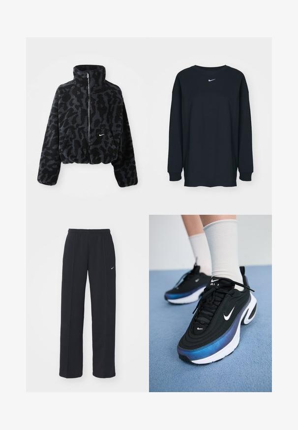 Forkortet svart og grå faux pels jakke med høy krage, glidelås foran og subtil leopardmønster. Har en liten hvit logo på brystet.; Svart langermet T-skjorte laget av bomull med rund hals. Har en hvit Nike-logo på brystet. Myk tekstur, enkelt design.; Sorte Nike joggebukser med elastisk midjebånd og sidelommer, med en liten hvit logo på venstre ben og en rett passform.; Sorte Nike joggesko med en glatt stoffoverdel, med et gradientdesign fra blått til svart, hvit såle og fremtredende logoaksenter.
