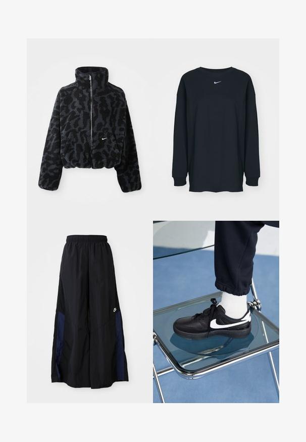 Gekürzte schwarze und graue Kunstfelljacke mit hohem Kragen, Reißverschluss vorne und dezentem Leopardenmuster. Verfügt über ein kleines weißes Logo auf der Brust.; Schwarzes Langarm-T-Shirt aus Baumwolle mit Rundhalsausschnitt. Mit weißem Nike-Logo auf der Brust. Weiche Textur, simples Design.; Schwarze weit geschnittene Hose aus leichtem Stoff, mit einem dunkelblauen Seitenpanel und einem elastischen Bund. Kleines weißes Logo am unteren Ende.; Schwarze Nike-Sneaker mit weißen Akzenten, die über eine glatte Ledertextur, ein Schnürdesign und eine abgerundete Zehenform verfügen, platziert auf einem Glasstuhl.