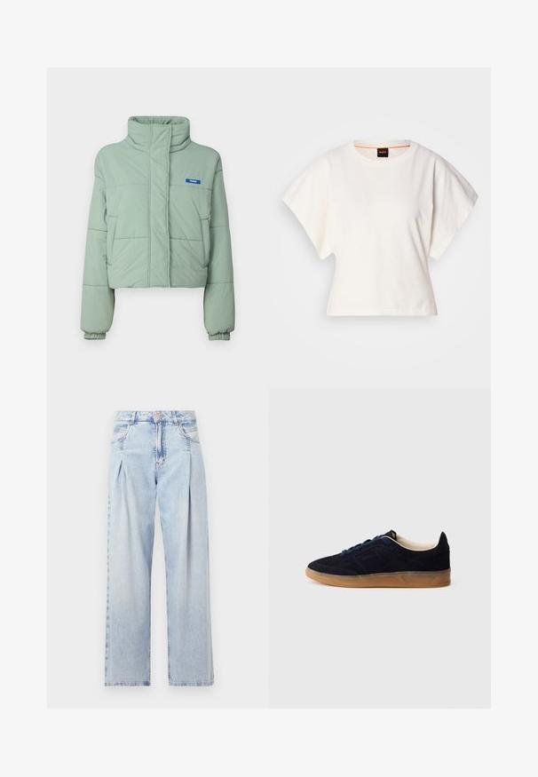 Šviesiai žalia paminkštinta trumpa striukė su aukštu apykakle, šoninėmis kišenėmis, elastiniais rankogaliais ir mėlynu etiketu kairėje krūtinės pusėje.; Baltas trumpas marškinėliai, plačios trumpomis rankovėmis, minkšta medvilnė, apvali kaklo iškirptė su subtiliu oranžiniu apvadu, minimalus dizainas, be raštų ar grafikų.; Šviesiai mėlyni džinsai su aukštu liemeniu, plačiomis kojomis, dviem šoninėmis kišenėmis ir raukinių dizainu. Minkšta tekstūra su nudilusia apdaila.; Tamsiai mėlynas zomšiniai sportbačiai su guminėmis padu, mėlynomis raištelėmis ir minimalistiniu dizainu. Šone įspaustas logotipas ir glotni vidinė pamušalas.