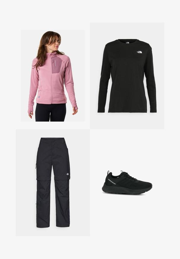 Fleece jack, lichtroze met een gestructureerde stof, ritszak op de borst, aansluitende mouwen en duimgaten voor extra comfort en functionaliteit.; Zwart langsluiting T-shirt van katoen met een ronde hals. Heeft een klein wit logo op de linkerkant van de borst. Eenvoudig ontwerp en pasvorm.; Zwarte nylon cargo broek met afneembare pijpen, verstelbare manchetten, meerdere zakken en een logo op het rechterbeen. Gladde, lichte textuur.; Zwarte sportschoen met een textuur bovenwerk, meshpanelen en een gewatteerde zool. Voorzien van veters en een trekkraag aan de hiel voor gemakkelijk aan- en uittrekken.