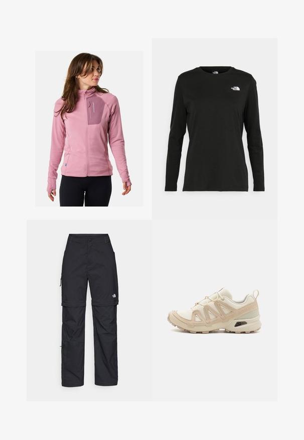 Fleecejacke, hellrosa mit strukturiertem Stoff, Reißverschlusstasche auf der Brust, enganliegende Ärmel und Daumenlöcher für zusätzlichen Komfort und Funktionalität.; Schwarzes Langarm-T-Shirt aus Baumwolle mit Rundhalsausschnitt. Verfügt über ein kleines weißes Logo auf der linken Brustseite. Einfaches Design und Passform.; Schwarze Nylon-Zip-Off-Cargohosen mit verstellbaren Bündchen, mehreren Taschen und einem Logo am rechten Bein. Glatte, leichte Textur.; Beige und cremefarbenen Sportschuh mit strukturiertem Mesh-Obermaterial, unterstützenden Überzügen und Gummisohle mit einem Profilmuster für Bodenhaftung.