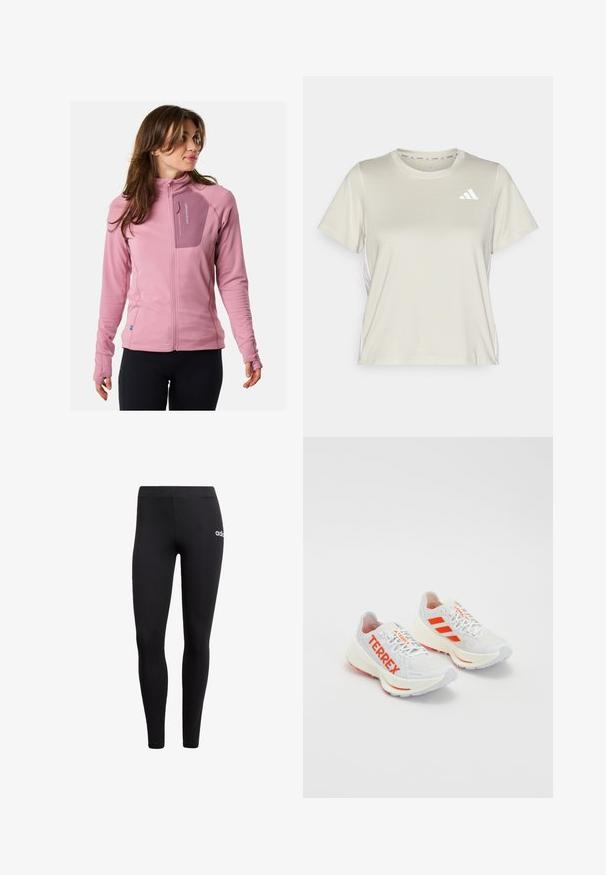 Fleece jacket, light pink with textured fabric, zippered chest pocket, fitted sleeves, and thumb holes for added comfort and functionality.; adidas Performance TRAIN ESSENTIALS 3STRIPES WORKOUT - Sports T-shirt - alumina/white; Black leggings made from stretchy material, featuring a simple design and a small white Adidas logo on the left hip area.; White running shoes with orange accents. Mesh material, rounded toe, and thick midsole. "TERREX" printed on lateral side and three stripes on heel.