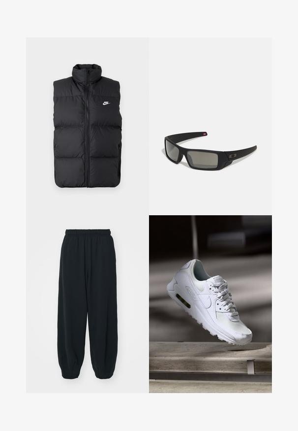 Melna polsterēta bezpiedurkņu jaka ar augstu apkakli, priekšējo rāvējslēdzēju, sānu kabatām un baltu Nike logo uz krūtīm.; Melnā džemperis no kokvilnas ar apaļu izgriezumu, gariem piedurknēm un mazu balto Nike logotipu augšējā kreisajā krūtī.; Melnas sporta bikses ar elastīgu jostasvietu, brīvu piegriezumu, aprocēm ap potītēm, gludu tekstūru, un bez redzamām rakstu vai aparatūras akcentiem.; Baltas Nike Air Max 90 sporta apavi ar sietu un ādas augšdaļu, caurspīdīgu pirksta daļu un redzamu gaisa vienību papēdī.; Melni saulesbrilles ar matētu apdari, taisnstūra lēcām, nedaudz izliektiem tempļiem, smalkiem logotipa elementiem un dūmu nokrāsas lēcām.