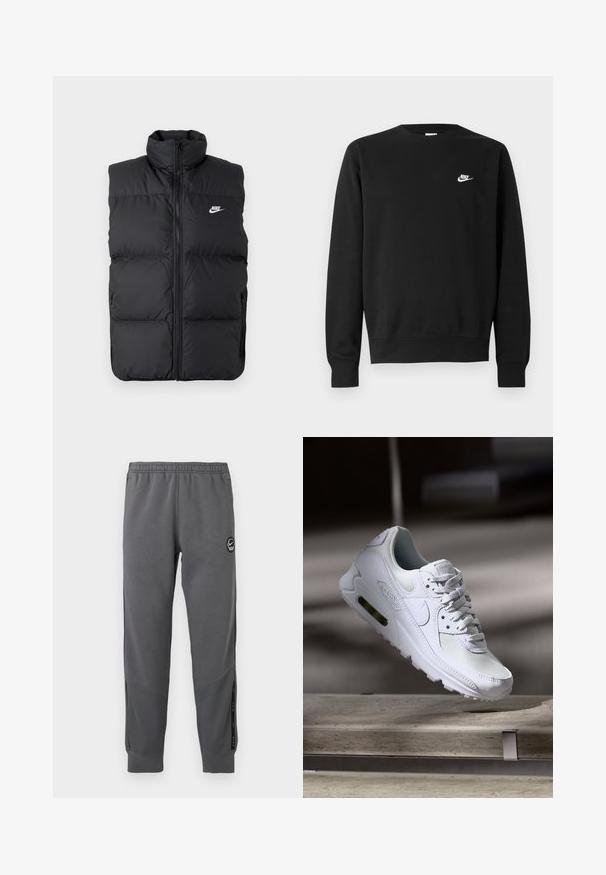 Colete preto acolchoado sem mangas, com gola alta, fecho frontal, bolsos laterais e logo branco da Nike no peito.; Sweatshirt preta de algodão, com gola redonda, mangas compridas e pequeno logótipo branco da Nike no lado superior esquerdo do peito.; Calças de treino cinzentas feitas de um tecido macio, com uma cintura elástica, pernas estreitas, painéis laterais e um patch em forma de círculo.; Sapatilha Nike Air Max 90 branca com parte superior em malha e couro, caixa de dedos perfurada e uma unidade de ar visível no calcanhar.
