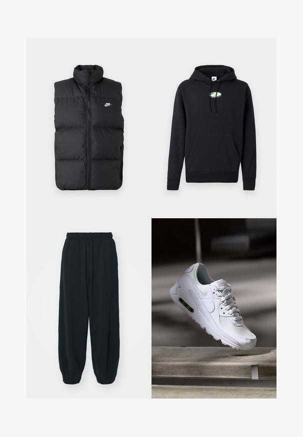 Colete preto acolchoado sem mangas, com gola alta, fecho frontal, bolsos laterais e logo branco da Nike no peito.; Hoodie preto da Nike com bolso canguru na frente, capuz com cordão e pequeno logotipo oval verde claro centrado no peito.; Calças de fato de treino pretas, com cintura elástica e um corte solto, com punhos nas pernas, textura suave e sem padrões visíveis ou detalhes de metal.; Sapatilha Nike Air Max 90 branca com parte superior em malha e couro, caixa de dedos perfurada e uma unidade de ar visível no calcanhar.
