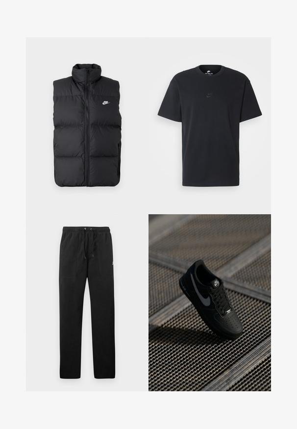 Μαύρο αμάνικο γιλέκο με μαλακή επένδυση, ψηλό γιακά, μπροστινό φερμουάρ, πλαϊνές τσέπες και άσπρο λογότυπο Nike στο στήθος.; Μαύρη βαμβακερή μπλούζα Nike με κλασικό στρογγυλό λαιμό, κοντά μανίκια και μια διακριτική, ανάγλυφη λογότυπο στο στήθος. Λείο ύφασμα.; Μαύρο παντελόνι φόρμας από φλις, με ελαστική μέση και κορδόνια, δύο μπροστινές τσέπες και μικρό λογότυπο στο μηρό.; Μαύρο αθλητικό παπούτσι Nike Air Force 1 με λείο δέρμα στο πάνω μέρος, τρυπητή μύτη, γκρι λεπτομέρειες και μαύρες κορδόνες, να αιωρείται πάνω από μια υφή επιφάνεια.