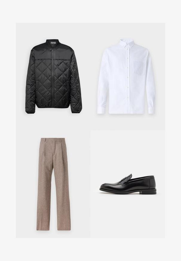 Μαύρο φουσκωτό μπουφάν με καπιτονέ σχέδιο, στρογγυλό γιακά, μπροστινό φερμουάρ και σχέδιο ρόμβων. Διαθέτει λεία υφή και κουμπιά στήριξης στα πλάγια.; Λευκό πουκάμισο με μακρύ μανίκι, φτιαγμένο από βαμβάκι, με τσέπη στο στήθος με τονικό κέντημα, γιακά και κουμπιά στους μανικέτες.; Καφέ παντελόνι με ψηλή μέση από υφαντό ύφασμα. Διαθέτει φαρδιές καβάτζες και δύο μανίκια μπροστά για δομή. Καθαρή φινίρισμα χωρίς ορατό εξοπλισμό.; Μαύρες δερμάτινες μπαλαρίνες με λεία υφή, στρογγυλή μύτη και διακοσμητική ταινία πάνω από το επάνω μέρος. Χαμηλός καπιτώνας, μινιμαλιστικός σχεδιασμός.