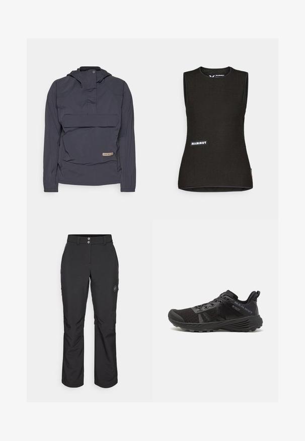 Icepeak YAAL - Αντιανεμικό μπουφάν - anthracite; Μαύρη αμάνικη μπλούζα με υφή, που διαθέτει στρογγυλή λαιμόκοψη και λογότυπο "MAMMUT" μπροστά. Φτιαγμένη από αναπνεύσιμο υλικό.; Μαύρα εξωτερικά παντελόνια με ίσια γραμμή, που διαθέτουν κλείσιμο με κουμπί, φερμουάρ στις πλαϊνές τσέπες και λογότυπο στη δεξιά μηριαία περιοχή.; Μαύρο αθλητικό παπούτσι με υφασμάτινο επάνω μέρος με υφή, ενισχυμένο καπό και καουτσούκ σόλα. Διαθέτει σύστημα κορδονιών και λεπτομέρειες λογοτύπου στο πλάι.