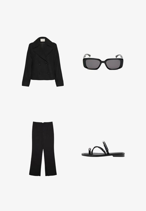Kaffe JULIA - Mantel - black deep; Zwarte mouwloze crop top van soepel materiaal, met een ronde hals en een schone, eenvoudige uitstraling zonder patronen of hardware.; Zwarte broek met een rechte pasvorm, voorzien van zijzakken en plooien aan de onderzijde. Gemaakt van zachte, gladde stof. Geschikt voor verschillende gelegenheden.; Zwarte platte sandalen met een glanzende afwerking, drie dunne banden en een ronde hardware detail bij de teen. Slank ontwerp met een minimalistische hak.; Zwarte rechthoekige zonnebril met donkere lenzen, een gladde kunststof montuur en gebogen pootjes. Het ontwerp is robuust met een minimalistische esthetiek.