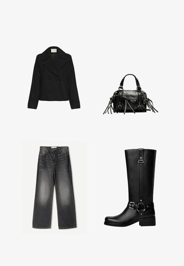 Kaffe JULIA - Klassisk kappa / rock - black deep; Svart och grårandig tröja med ribbat mönster, featuring en bred halsringning och långa ärmar. Etikett: Massimo Dutti.; Mörkgrå vida jeanstyg gjorda av denim, med fem fickor, dragkedja fram och kontrasterande sömmar längs sömmarna.; Höga svarta låtsasläderstövlar med rund tå, accentdetalj i form av spänne och en kraftig klack. Slät textur och vertikal söm på skaftet.; Svart läderhandväska med flätade handtag, texturerad yta, dragkedjeförsedd framficka och dekorativa fransdetaljer. Kompakt och strukturerad form.