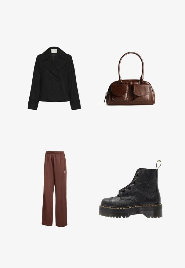 Kaffe JULIA - Classic coat - black deep; Kaffe YOKO BOATNECK - Basic T-shirt - zinfandel; Brown athletic pants with a relaxed fit. Made of smooth fabric, featuring side pockets, white stripes, and a small white logo on the thigh.; Black leather ankle boot with textured surface, round toe, lace-up design, yellow stitching, and a thick, ridged black platform sole.; Brown leather handbag with two front flap pockets, rounded handles, and a zipper on the side against a white background.