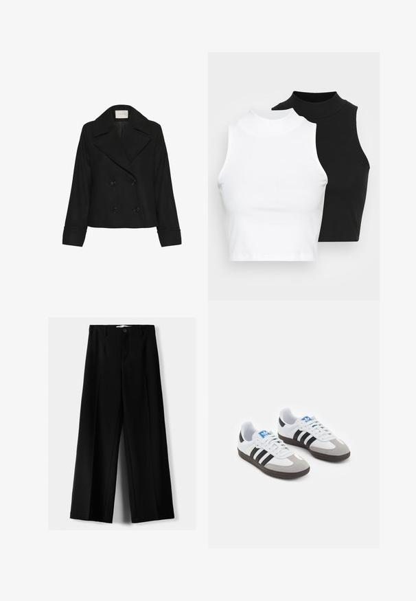 Kaffe JULIA - Klasičan kaput - black deep; Dvije bezrukavne rebraste majice s visokim ovratnikom u crnoj i bijeloj boji, s prilagođenim dizajnom i glatkom teksturom, te skraćenom dužinom.; Crne široke hlače izrađene od lagane tkanine, s prednjim zatvaranjem na dugme i ravnim prednjim dijelom, sa uredno šivenim rubovima.; Sportske cipele s gornjištem od bijele kože, sivi suedinasti nos i tri crne pruge. Imaju plavi logo na jeziku i teksturiranu gumenu podlogu.