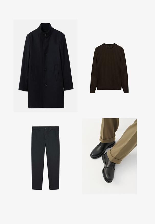 Námořnický vlněný kabát s vysokým límcem, pěti předními knoflíky a dvěma bočními kapsami; má rovný střih a hladký povrch.; Hnědý žebrovaný svetr s dlouhými rukávy a kulatým výstřihem. Má texturovanou látku a těsný střih v pase a na manžetách.; Černé kalhoty se rovnými nohavicemi, vyrobené z hladké látky. Mají dvě přední kapsy a zapínání na knoflík v pase.; Černé kožené společenské boty s hladkým povrchem, s tkaničkami a kulatou špičkou, kombinované s vykrojenými khaki kalhotami.