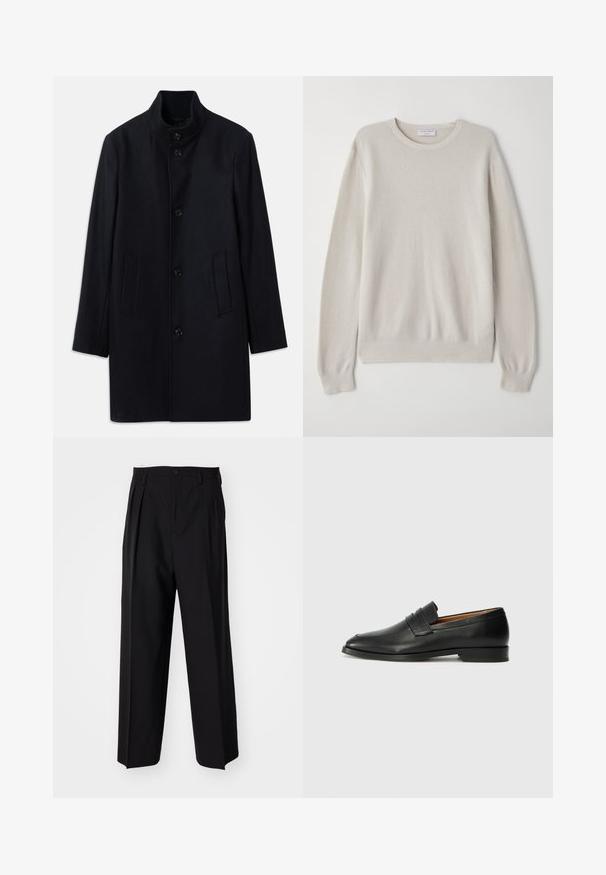 Navy wool coat with a high collar, five front buttons, and two side pockets; features a straight cut and smooth texture.; Light beige sweater made of soft knit fabric. Crew neckline, long sleeves, ribbed cuffs, and hem with subtle texture detail.; Black pleated trousers with a straight, wide-leg design. Made from smooth fabric, featuring a button closure and belt loops.; Black leather loafer with a rounded toe, subtle stitched detailing, and a low heel, featuring a smooth texture and minimalist design.
