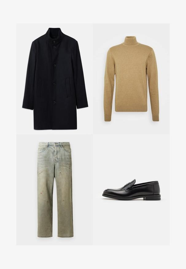 Merino villakangastakki korkealla kauluksella, viisi etupainiketta ja kaksi sivutaskua; suorassa leikkauksessa ja sileässä pinnassa.; Beige turtleneck-neule, joka on valmistettu pehmeästä neulosmateriaalista. Ominaisuuksiin kuuluvat pitkät hihat ja tiukka muotoilu. Ribperoitu helma ja kauluskoristeet.; Vaaleanvihreät kulutetut farkut suoran lahkeen, viiden taskun muotoilun ja epätasaisen haalistumisen sekä maalikohoumiin kanssa.; Mustat nahkakengät, joissa on sileä pinta, pyöreä kärki ja koristeellinen nauha jalkapöydän yli. Matala pinoitu koroke, minimalistinen muotoilu.