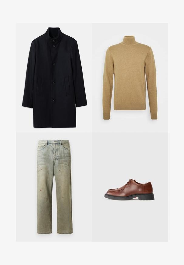 Tengerészkék gyapjú kabát magas gallérral, öt elülső gombbal és két oldalsó zsebbel; egyenes szabással és sima textúrával rendelkezik.; Barna alapon készült, puha kötöttanyagú garbó pulóver. Hosszú ujjakkal és testhezálló fazonnal rendelkezik. Szegett szegély és gallér díszítéssel.; Fakó zöld, kopott farmerszadrág, egyenes lábbal, ötk zsebes kialakítással, egyenetlen kopással és festékcseppekkel.; Barna bőr dresszcipő lekerekített orral, kontrasztos varrással, fűzős kialakítással és texturált fekete gumitalppal.