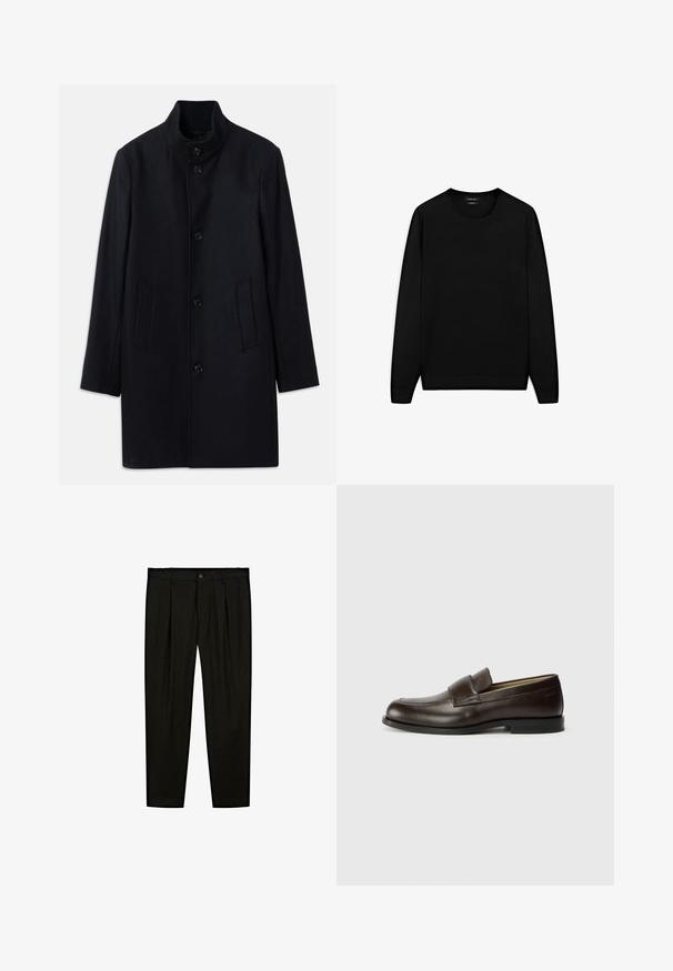 Marineblauer Wollmantel mit hohem Kragen, fünf Vorderknöpfen und zwei Seitentaschen; hat einen geraden Schnitt und eine glatte Textur.; Schwarzer Langarmpullover mit rundem Ausschnitt. Hergestellt aus weichem Stoff, mit klassischer Passform und gerippten Bündchen und Saum. Keine Muster oder Akzente.; Schwarze maßgeschneiderte Hose aus glattem Stoff. Zu den Merkmalen gehören eine flache Vorderseite, weite Beine und ein Knopfverschluss am Taillenbund.; Calvin Klein Slipper - cocoa brown