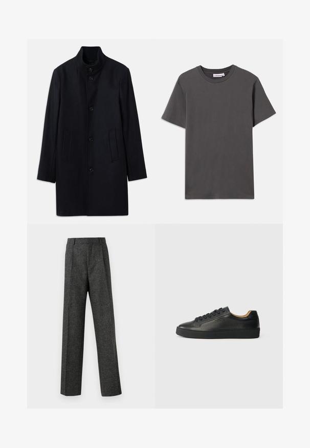 Marineblauwe wollen jas met een hoge kraag, vijf voerende knopen en twee zijzakken; heeft een rechte pasvorm en een gladde textuur.; Effen donkergrijze kortekoope T-shirt met ronde hals en een klein wit merklabel binnenin de kraag, tegen een witte achtergrond.; Grijze op maat gemaakte broek van gestructureerde stof, met twee voorplooien en een rechte pijp. Geen zichtbare zakken of versieringen.; Zwarte lage leren sneaker met gestructureerd oppervlak, zwarte veters en dikke rubberen zool, zijaanzicht op een lichte achtergrond.