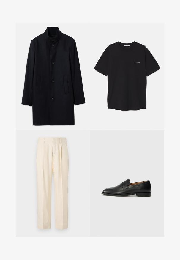 Námornícky vlnený kabát s vysokým golierom, piatimi prednými gombíkmi a dvoma bočnými vreckami; má rovný strih a hladkú textúru.; Čierne bavlnené tričko s okrúhlym výstrihom, krátkymi rukávmi a bielou potlačou loga na ľavej hrudi. Jednoduchý, jednoliaty dizajn.; NN.07 KAY - Nohavice - off white; Čierne kožené mokasíny s okrúhlou špičkou, jemným prešitím a nízkym podpätkom, s hladkou textúrou a minimalistickým dizajnom.