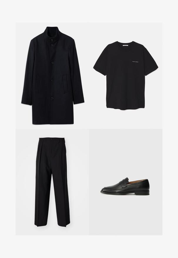 Mornarska vuna jakna s visokim ovratnikom, pet prednjih dugmadi i dva bočna džeppa; karakterizira je ravni kroj i glatka tekstura.; Crna pamučna majica s okruglim izrezom, kratkim rukavima i bijelim logotipom otisnutim na lijevoj strani prsnog koša. Jednostavan dizajn u jednoj boji.; Crne plisirane hlače s ravnim širokim nogavicama. Izrađene od glatkog materijala, s dugmadi za zatvaranje i petljama za remen.; Crni kožni loafer s okruglim vrhom, suptilnim šavovima i niskim petama, s glatkom teksturom i minimalističkim dizajnom.