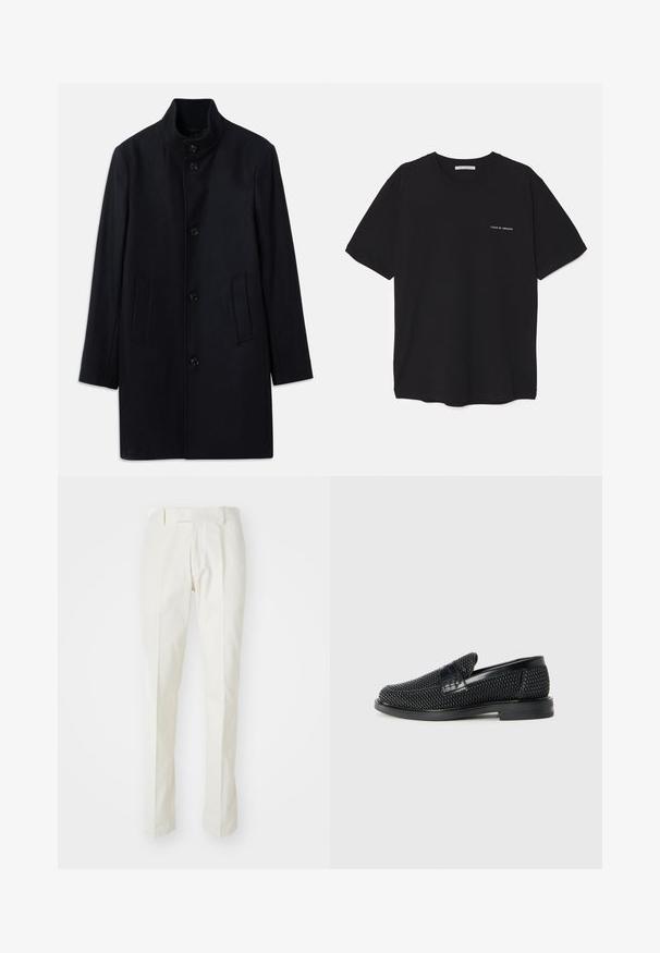 Navy wool coat with a high collar, five front buttons, and two side pockets; features a straight cut and smooth texture.; Black cotton T-shirt with a crew neck, short sleeves, and a white logo print on the left chest. Simple, solid color design.; White trousers made of cotton, featuring a straight-leg design, flat front, and no visible patterns or hardware. Smooth texture.; Black woven slip-on shoe with a smooth leather accent on the upper, a round toe design, and a low-profile rubber sole.