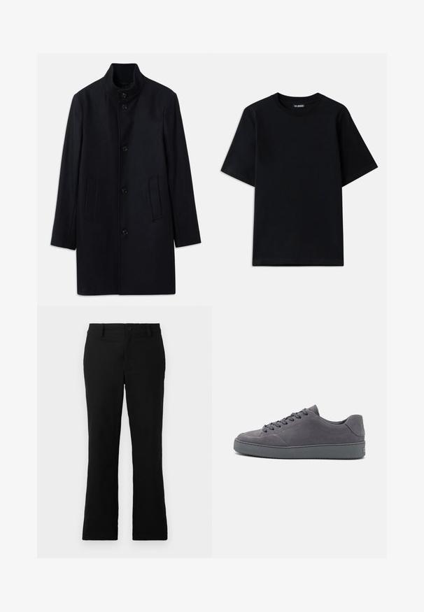 Námornícky vlnený kabát s vysokým golierom, piatimi prednými gombíkmi a dvoma bočnými vreckami; má rovný strih a hladkú textúru.; Čierne bavlnené tričko s okrúhlym výstrihom a krátkymi rukávmi. Má jemné výšivku loga na ľavej hrudi. Hladká, jemná textúra.; Čierne rozšírené nohavice z bavlnenej zmesi, s gombíkovým zapínaním, pútkami na opasok a hladkým povrchom bez viditeľných vzorov.; Šedé semišové tenisky s nízkym strihom, okrúlou špičkou, šnurovaním na prednej strane a textúrovanou gumovou podrážkou. Minimalistický štýl s jemným brandingom na päte.