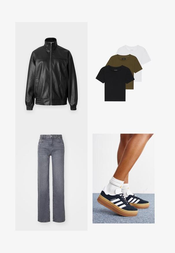 Giacca bomber in pelle nera con colletto alto, chiusura frontale con zip, polsini elasticizzati e vestibilità leggermente ampia. Presenta tasche laterali.; Tre t-shirt a girocollo in nero, verde oliva e bianco. Maniche corte, scollature a coste e design aderente.; Jeans grigi ampi realizzati in denim con una finitura liscia, dotati di chiusura con bottone e zip, e cinque tasche.; Sneakers in pelle scamosciata nera con strisce e dettagli bianchi, punta arrotondata, suola in gomma color gomme, abbinate a calzini bianchi a coste alla caviglia.