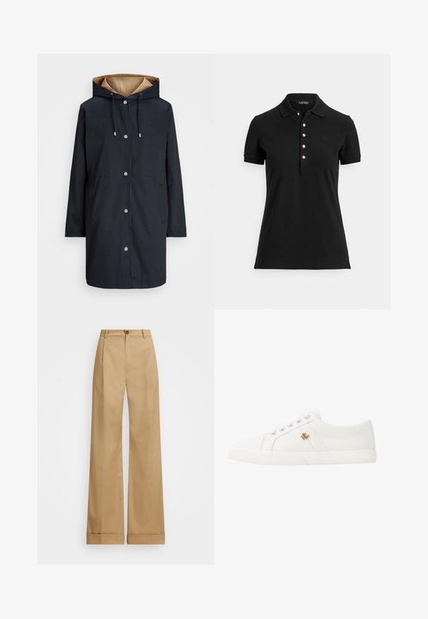 Lauren Ralph Lauren REVERSIBLE HOODED ANORAK - Parka - dark navy/birch tan; Čierna polokošeľa z textúrovaného materiálu, s golierom, krátkymi rukávmi a légou so zlatými gombíkmi. Jemný detail loga na hrudi.; Béžové nohavice so širokým strihom a gombíkovým zapínaním, s hladkým povrchom a prešitou líniou. S manžetami na spodnom leme pre zvýraznenie detailu.; Lauren Ralph Lauren JANSON II CANVAS SNEAKER - Tenisky - optic white