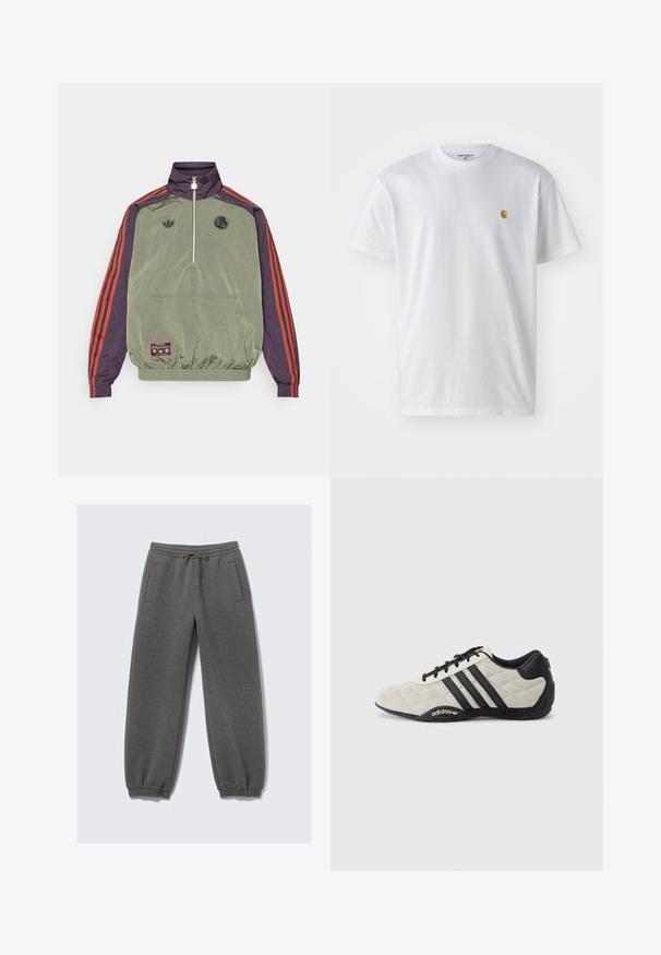 adidas Originals FC BAYERN MUNICH ICON HALFZIP JACKET - Roupa de discoteca - base green/aurora black; T-shirt branca de algodão com mangas curtas, decote redondo, apresentando um pequeno logótipo dourado na área do peito esquerdo. Textura macia e ajuste regular.; Calças de moletão cinzas feitas de um tecido suave, com cintura com cordão, punhos elásticos e bolsos laterais. Design de perna reta.; Sapatilha desportiva Adidas com um upper texturizado em cinza claro e pormenores em pele preta. Apresenta logotipo de três riscas pretas e sola com amortecimento.