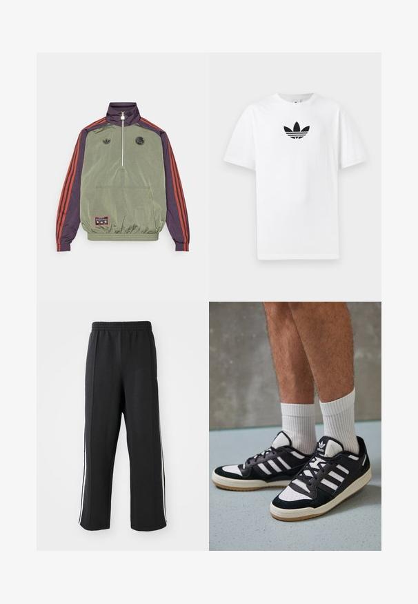 adidas Originals FC BAYERN MUNICH ICON HALFZIP JACKET - Sporto klubų atributika - base green/aurora black; Baltas medvilnės marškinėliai su juodu Adidas logo centre. Trumpomis rankovėmis ir apvalia kaklo iškirpte. Lygus audinys.; Juodos sportinės kelnės su elastinga juosmens juosta, turinčios baltas šonines juosteles ir laisvą prigludimą. Pagamintos iš minkštos, tamprios medžiagos.; Juodos ir baltos sportinės bateliai su zomšiniu ir odiniu viršumi, su trimis baltomis juostelėmis, perforuota koja ir guminėmis padais.