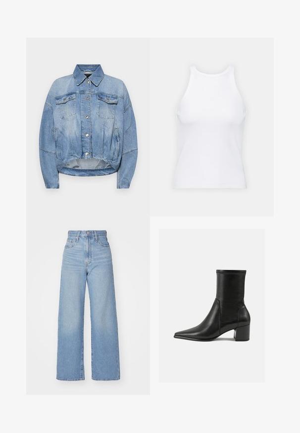 Τζάκετ από τζιν σε ανοιχτό μπλε χρώμα με cropped σχέδιο, κλείσιμο με κουμπιά, δύο τσέπες στο στήθος και ελαφρώς φθαρμένη υφή.; Λευκό μανίκι τοπ χωρίς μανίκια φτιαγμένο από ριμπ ύφασμα, με στρογγυλή λαιμόκοψη και εφαρμοστή σιλουέτα, με ελάχιστες ραφές και χωρίς διακοσμήσεις.; Ανοιχτό μπλε ψηλόμεσα παντελόνια φαρδιές μπατζάκια με κλείσιμο μπροστά με κουμπί και φερμουάρ, μπροστά και πίσω τσέπες, σε λευκό φόντο.; Μαύρο μποτάκι αστράγαλο από λείο δέρμα, με μυτερή μύτη, τετράγωνο τακούνι και ξεχωριστή ανάγλυφη ραφή στην επάνω άκρη.