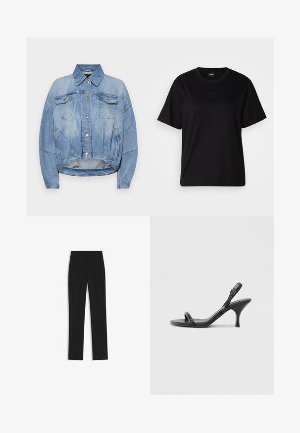 Denim jacket in light blue with a cropped design, button closure, two chest pockets, and a slightly distressed texture.; Black cotton t-shirt with a crew neckline, short sleeves, and an embroidered logo on the chest. Simple, relaxed fit with no patterns.; Black tailored trousers with a straight-leg design, featuring front pockets and a smooth, textured fabric. Neat, minimal detailing.; Black leather high-heeled sandals with a slim, curved heel and a crossed strap design. Adjustable ankle strap. Smooth texture.