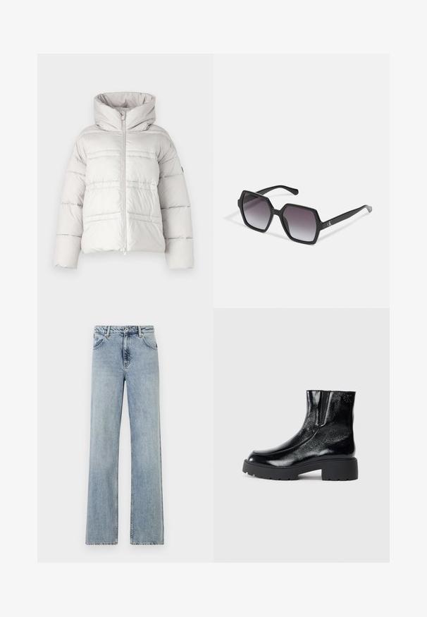 Chaqueta de plumas de color gris claro con un cuello alto, cierre frontal de cremallera y detalles de costura horizontal; presenta una textura acolchada y un ajuste holgado.; Top corto de manga corta ribeteado en negro, hecho de material suave, con un discreto logo de Calvin Klein en el centro. Diseño simple y clásico.; Jeans de mezclilla de color azul claro y de pierna ancha. Presenta un cierre de botón y cremallera, bolsillos delanteros y un ligero desvanecimiento. Dobladillos limpios.; Botines negros con acabado de charol brillante, suela de goma negra gruesa y tacón elevado; incluye un sutil detalle del logo en el lateral.; Gafas de sol hexagonales negras con lentes degradados, que presentan un acabado brillante y un sutil branding en la patilla. Construcción de plástico duradero.