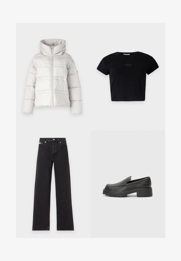 Lichtgrijze pufferjack met een hoge kraag, voorzijde met ritsluiting en horizontale stikdetails; heeft een gewatteerde textuur en een losse pasvorm.; Zwart geribbeld kort mouwig crop top van zacht materiaal, met een subtiele Calvin Klein-logo in het midden. Eenvoudig, klassiek ontwerp.; Zwarte wijde spijkerbroeken van denim, met een hoge taille, vijf-pocket stijl en een metalen knoopsluiting met contrasterende stiksels.; Zwarte leren instappers met een ronde neus, dikke getextureerde zool en minimale stikseldetails. Strak ontwerp zonder zichtbare veters of hardware.