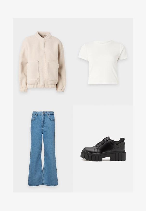 Bežs flīsa jakas ar augstu apkakli, divām priekšējām kabatām un elastīgām piedurknēm. Mīksta tekstūra ar kvadrātveida siluetu un minimālistiskām detaļām.; Īsa balta T-kreklā izgatavots no kokvilnas ar īsām piedurknēm, apaļu kakla izgriezumu un taisnu apakšu, piedāvā gludu tekstūru un minimālistisku dizainu.; Gaiši zili, platā piegriezuma džinsi, kas izgatavoti no denima, ar augstu jostasvietu, piecām kabatām un vienu pogu. Mīksta tekstūra ar nolietotu apdari.; Melnas ādas platformas kurpes ar masīvu bloku papēdi, apaļu purngalu un tradicionālu saistīšanas dizainu. Izceļas ar gludu tekstūru un minimālu apdari.