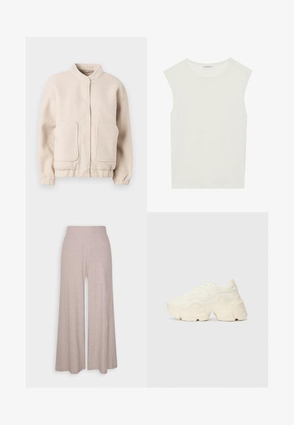 Bežs flīsa jakas ar augstu apkakli, divām priekšējām kabatām un elastīgām piedurknēm. Mīksta tekstūra ar kvadrātveida siluetu un minimālistiskām detaļām.; Balts bez piedurknēm tops ar apaļu kakla izgriezumu. Izgatavots no gludas auduma, tam ir brīvs piegriezums un minimālistisks dizains. Nav nekādas rakstainības vai akcentu.; Gai pelēki platā kāju bikses, izgatavotas no mīksta, ribota auduma, ar augstu jostasvietu un pilna garuma kājām ar vieglu tekstūru.; Masīvi balti sportisti, kas izgatavoti no strukturēta sieta un sintētiskajiem materiāliem, ar biezu zoli un sarežģītām rakstu detaļām gar sāniem.