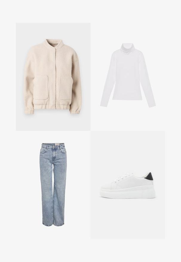 Beżowa polarowa kurtka z wysokim kołnierzem, dwoma przednimi kieszeniami i elastycznymi mankietami. Miękka tekstura z pudełkowymi kształtami i minimalnym zdobieniem.; Biała bluzka z długim rękawem i golfem, wykonana z gładkiego, elastycznego materiału. Posiada wysoki kołnierz i dopasowany krój, bez widocznych wzorów czy zdobień.; Jasnoniebieskie dżinsy z szerokimi nogawkami, wykonane z denimu, z wysokim stanem, pięciowgzianą konstrukcją i subtelnym wyblaknięciem, dającym wrażenie noszonych.; Białe sneakersy na platformie wykonane z gładkiego materiału syntetycznego, z zaokrąglonym noskiem, sznurowanym zapięciem i teksturowaną gumową podeszwą. Czarne akcenty na pięcie.