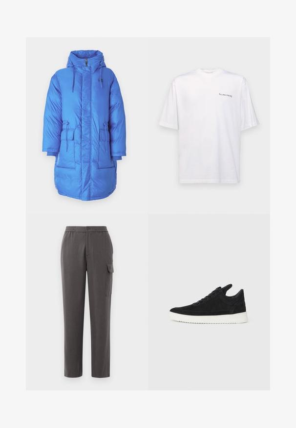 Mėlynas pūkinis paltas su aukšta apykakle, kapišonu, priekiniais užtrauktukais, dviem didelėmis priekinėmis kišenėmis ir reguliuojamomis raištelėmis. Lygi, blizgi medžiaga.; Baltas trumpas rankovės marškinėliai iš medvilnės su v-kaklu, su juodu "FILLING PIECES" logotipu, spausdintu kairėje pusėje.; Pilkos kelnės su laisvu kirpimu, pagamintos iš lygios medžiagos. Su mygtukiniais užtrauktukais, šoninėmis kišenėmis ir krovinine kišene ant kojos.; Juodų suede sportbačių su balta gumine padu, su toniniais siuvinėjimais ir raištelių užsegimu. Sklandus paviršius su šiuolaikine, laiko forma.