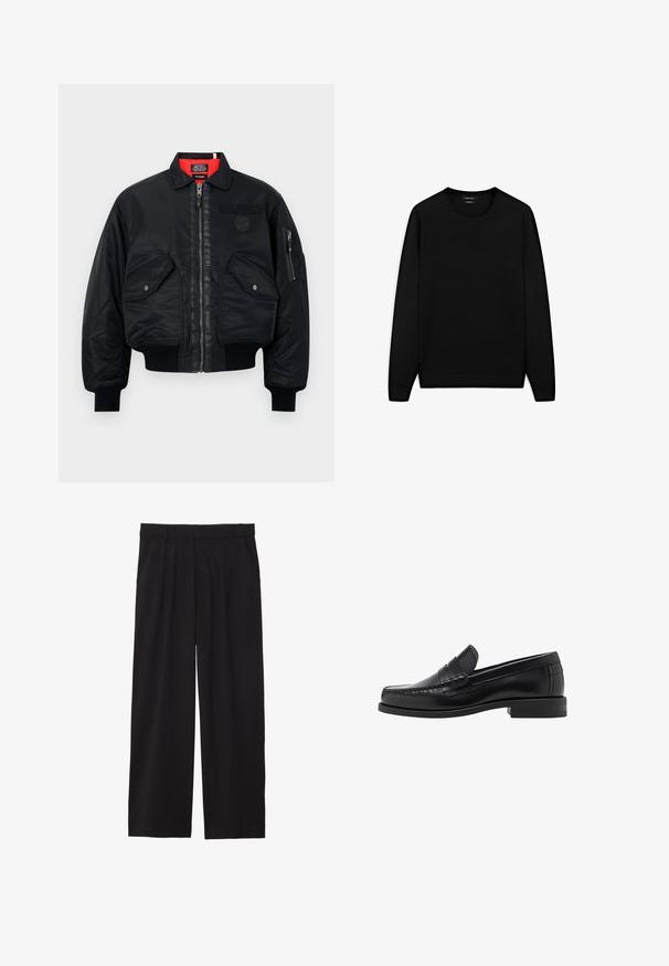 Schwarze Bomberjacke mit Reißverschluss, featuring ein rotes Innenfutter, zwei Fronttaschen und eine Seitentasche. Strukturierter Stoff mit matter Oberfläche.; Schwarzer Langarmpullover mit rundem Ausschnitt. Hergestellt aus weichem Stoff, mit klassischer Passform und gerippten Bündchen und Saum. Keine Muster oder Akzente.; Graues Langarm-Hemd mit Knopfverschluss, hergestellt aus glattem Baumwollstoff. Verfügt über einen klassischen Kragen und einen abgerundeten Saum mit sechs dunklen Knöpfen auf der Vorderseite.; Schwarze, weite Hose mit gefälteltem Vorderteil, seitlichen Taschen und einer glatten Stoffstruktur. Entworfen für eine entspannte Passform.; Schwarze Lederloafer mit glatter Oberfläche, genähten Details an der Zehe und einem flachen Absatzdesign für Komfort und Stil.