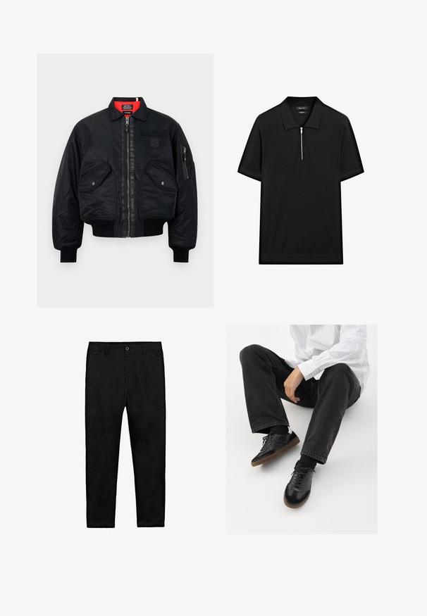 Black bomber jacket with a zip closure, featuring a red inner lining, two front pockets, and a side pocket. Textured fabric with a matte finish.; Black short-sleeve polo shirt with a stand collar and a front zipper. Made of a smooth fabric with a clean, minimalist design.; Black straight-leg pants with button closure, belt loops, and side pockets, laid flat on a white background.; Black sneakers with a smooth and textured upper, featuring a rubber sole and dark laces. Paired with black jeans and a white striped shirt.