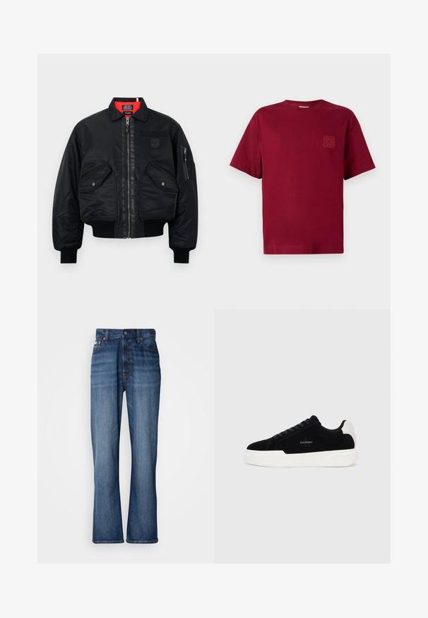 Čierna bombera bunda so zipsom, ktorá má červenú vnútornú podšívku, dve predné vrecká a bočné vrecko. Textúrovaná látka s matným povrchom.; Jednoduché tmavočervené tričko s krátkym rukávom a okrúhlym výstrihom, s malou textúrovanou štvorcovou nášivkou na ľavej hrudi.; Modré džínsy s vysokým pásom, rozšírenými nohavicami, dizajnom s piatimi vreckami a tónovaným prešívaním. Obsahujú zapínanie na gombík a nitované vrecká.; Čierne nízke tenisky s bielou podrážkou a pätkou, šnurovací predok a logo Calvin Klein na boku.