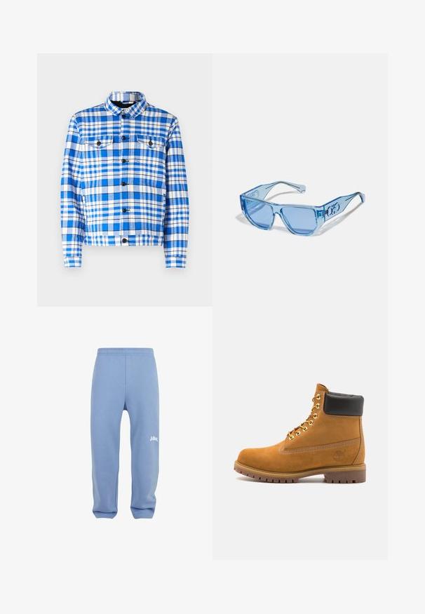 Sinine ja valge ruuduline särk koos krae ja kahe eesmise taskuga, mustade nööpidega ja pehme kangastekstuuri abil.; Heleda sinine kapuutsiga pusa, mis on valmistatud pehmest kangast, esitades esipooli tasku, soonikkoes mansetid ja reguleeritav kapuuts. Minimalistlik brändimine taskul.; Heledad sinised dressipüksid elastse vöökohtadega, kitsenevad sääred ja valge logoga vasakul reisel. Valmistatud pehmest, tekstuurist kangast.; Küpset tan suede sääreboot musta pehmea kraega, kuldsed metallist silmad, valge õmblemise detailid ja robustne kummist tallaga, millel on väljendunud mustrid.; Sinised prillid läbipaistva plastraamiga, nurgelise kujuga ja sinise tooniga läätsedega. Omab logo detaile käepidemetel.