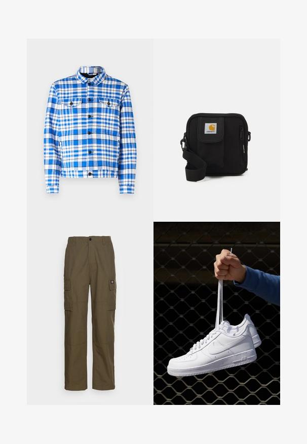 Sinine ja valge ruuduline särk koos krae ja kahe eesmise taskuga, mustade nööpidega ja pehme kangastekstuuri abil.; Valge lühikeste varrukatega T-särk, mis on valmistatud puuvillast, omades ümmargust kaelust ja siledat tekstuuri, sirge lõike ja ilma mustrita.; Oliivroheline cargo-püksid, mis on valmistatud vastupidavast kangast. Omavad kahte külgetaskut, standardset vöökoht ja sirget lõiget.; Valged nahast tennisetossud, millel on perforatsioonid, ümar nina, lame tallus ja paksud nöörid, nähtava swooshi logoga ja "AIR" kontsadel.; Mustmust kott, millel on lukkudega peamine ruum, esikott, reguleeritav rihm ja nähtav logofirma kleebis kaasel.