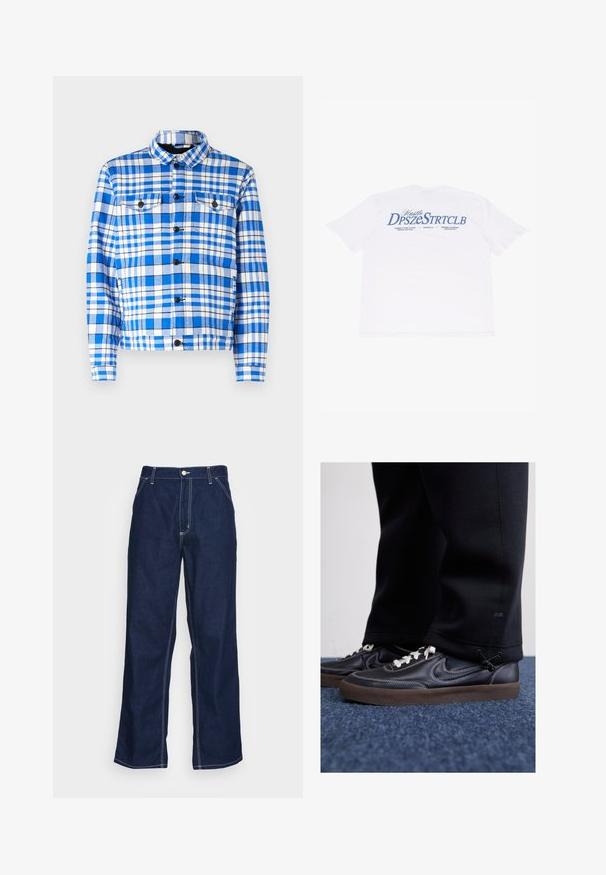 Blauw-wit geruit overhemd met een kraag, voorzien van twee voorzakken, zwarte knopen en een zachte stofstructuur.; Witte katoenen T-shirt met blauwe tekst op de achterkant, met de tekst "Hustle DpszеStrtclb" in een strakke, rechtlijnige snit en korte mouwen.; Donkerblauwe denim broeken met wijde pijpen, met een hoge taille, voorzakken en contrasterende witte stiksels langs de naden.; Nike Sportswear KILLSHOT 2 LTR PRM OPP2 - Sneakers laag - black sail baroque brown mtlc dk grey