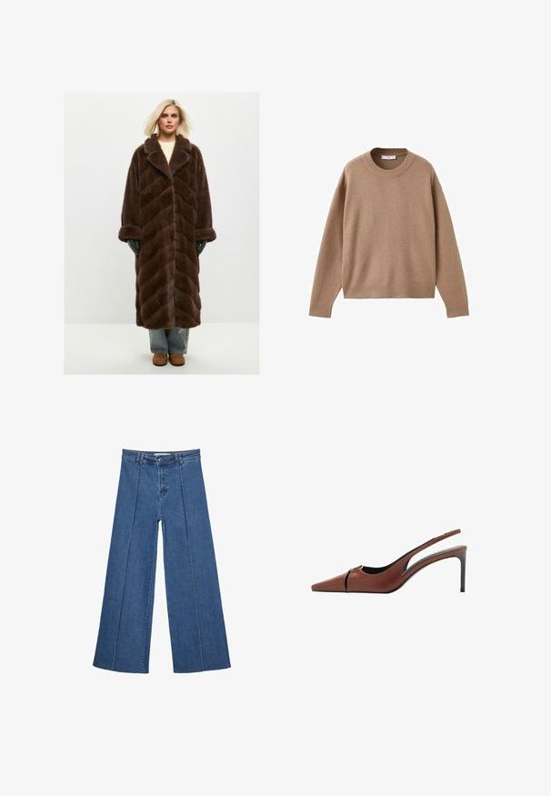 Cesare Gaspari BELTED - Zimní kabát - brown; Měkký béžový svetr s dlouhým rukávem a kulatým výstřihem, ribovanými manžetami, lemem a výstřihem, vyložený na bílém pozadí.; Džíny s širokými nohavicemi v středně modré barvě, se zvýšeným pasem, knoflíkovým zapínáním a kontrastními vertikálními švy vpředu.; Hnědá kožená slingback obuv na podpatku s špičatou špičkou, výřezem na nártu a elegantním stiletto podpatkem. Hladká textura.